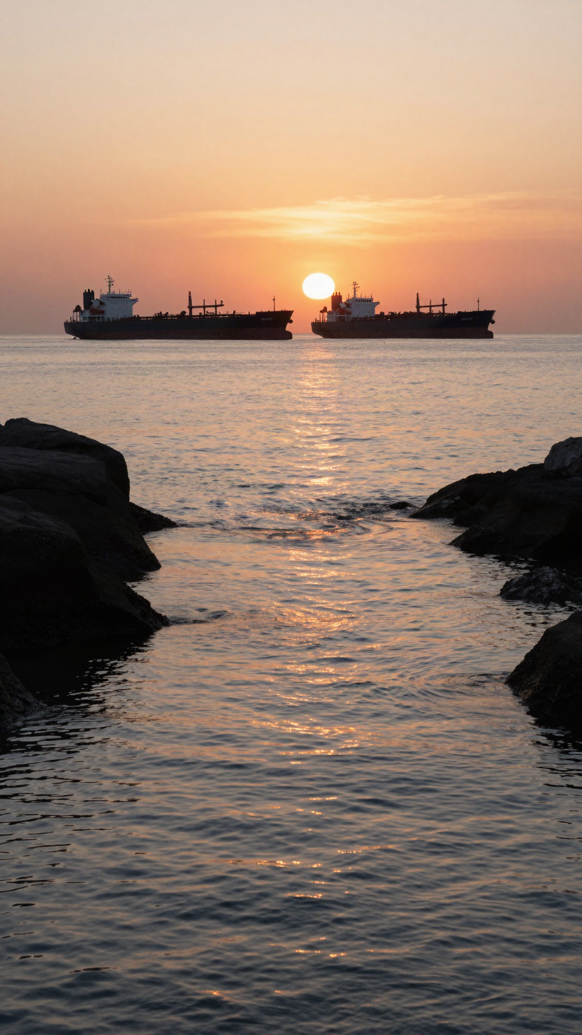 Détroit et pétroliers à l'arrêt au coucher du soleil, illustration