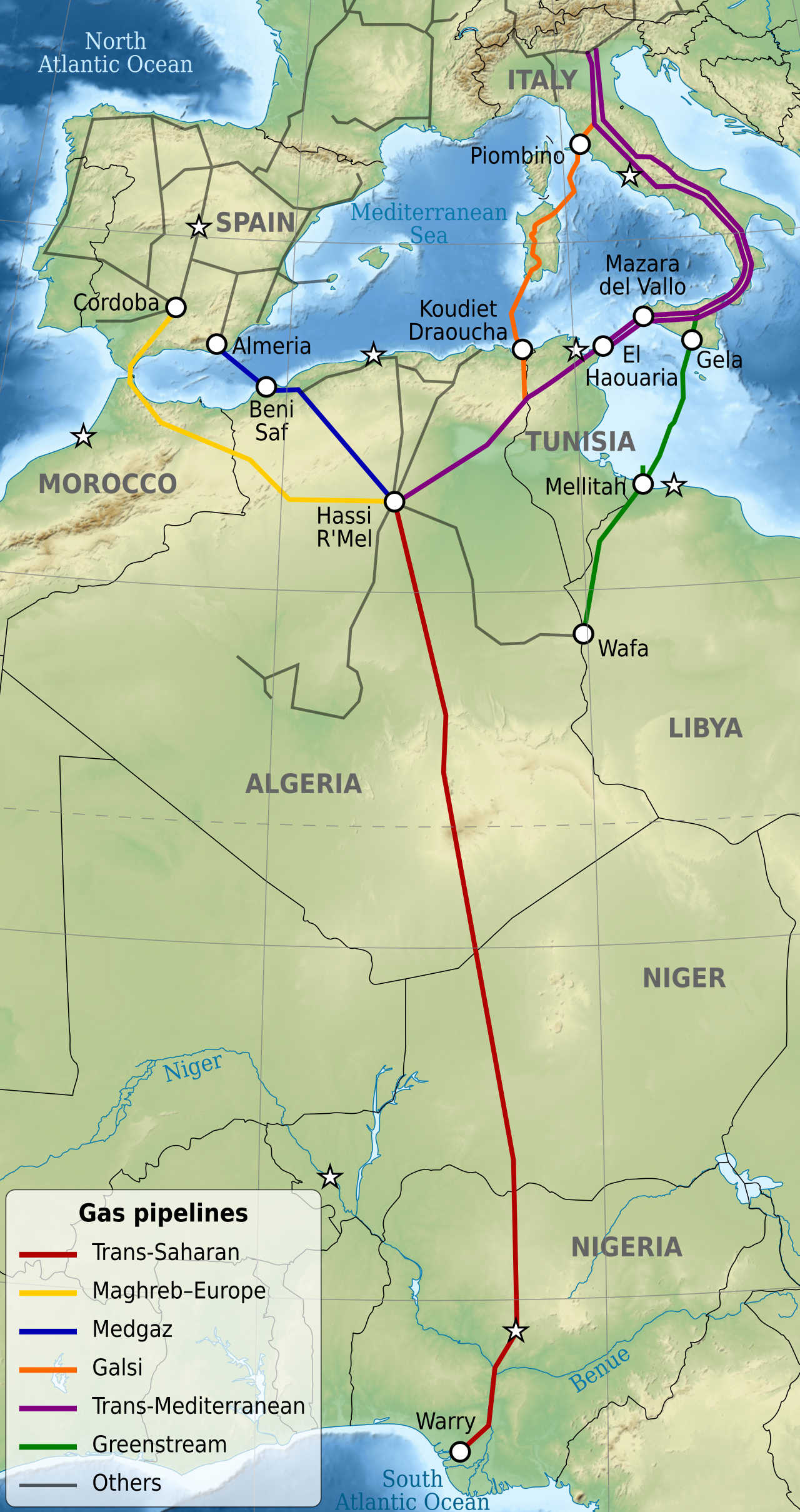 Carte des gazoducs entre l'Afrique du Nord et l'Europe